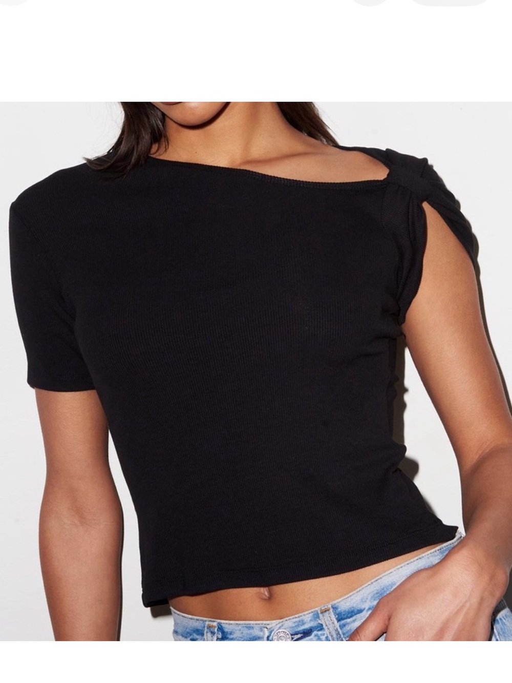 LNA NWT Black Rio Short Sleeve Ribbed One Shoulder Cuffed Tee Womens M